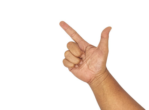 Hand showing pointing up isolated. Close-up of human hand pointing with index finger and thumb for direction and sign.