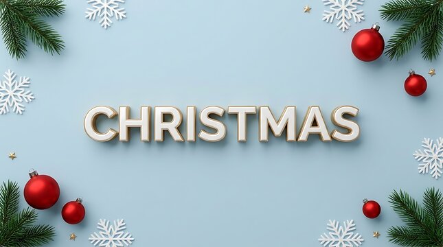Christmas text sign decorated with red ornaments and green pine branches with white snowflakes