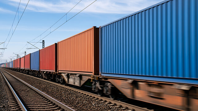 Freight train with colorful cargo containers move on railway track against clear blue sky in motion blur effect for global logistics concept