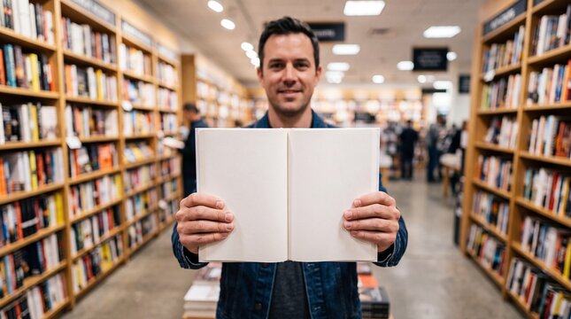 Confident mature man standing between library bookshelves holding open blank book with white pages for mockup.