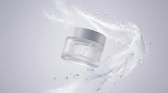 A beauty product jar of moisturizer cream featuring allantoin for skin care surrounded by floating cosmetic powder particles and refreshing water droplets