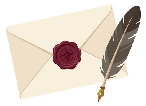 Vintage envelope with compass wax seal and dark feather quill