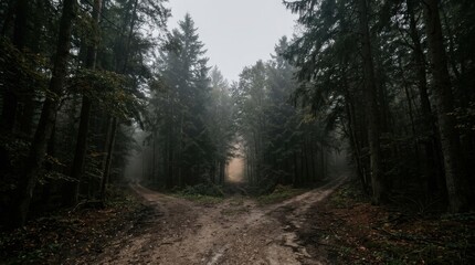Obraz premium Misty Forest Path Splitting Into Multiple Shadowed Routes