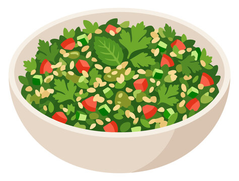 Bowl of fresh tabbouleh salad with parsley, tomatoes, and bulgur isolated on white background