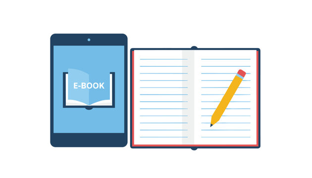 Modern electronic reader showing an e-book beside a classic paper notebook with a pencil for a digital and traditional education concept.