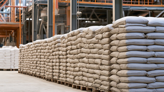 Industrial warehouse interior with rows of stacked white sacks filled with construction material on wooden pallets ready for transport logistics
