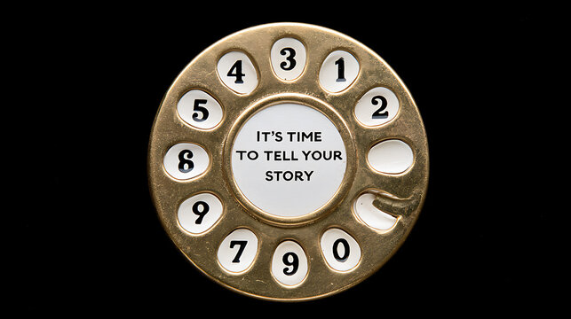 A vintage rotary telephone dial featuring a central message plate with the motivational quote text about sharing personal narratives today