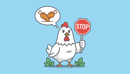 Naklejka premium Humorous cartoon of an angry white chicken holding a red stop sign while thinking about chicken drumsticks on a light blue background.