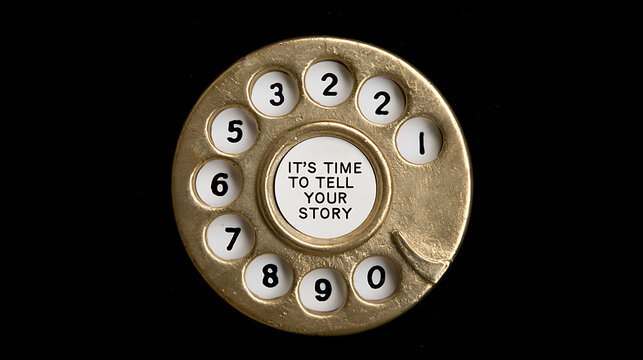 Vintage rotary telephone dial with brass texture and quote text in the center set against a solid dark background for communication theme
