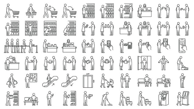 CAD Retail Human Activity Icon Collection with 50 Editable Shopping, Customer Service, Checkout and Commercial Space Behavior Elements