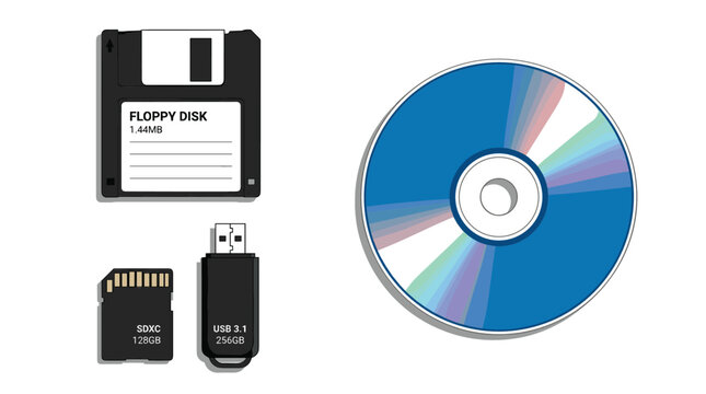 Data Storage Devices Vector Set with Floppy Disk Compact Disc USB Flash Drive and SD Card Graphics for Vintage and Modern Technology Layouts