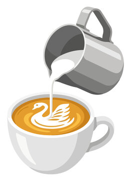 A professional barista pouring steamed milk into a cup of coffee to create a beautiful swan latte art design