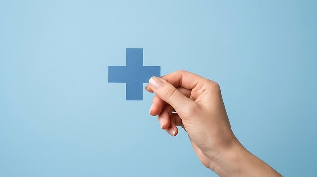 A hand holding a blue plus sign paper cutout against a light blue background