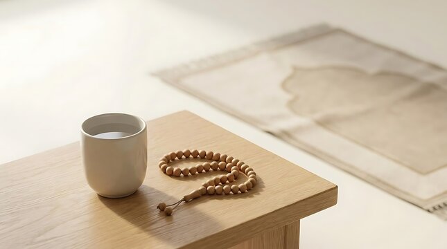 Adkar prayer beads and a cup on a wooden table with a prayer mat in the background representing a moment of peaceful spiritual meditation and reflection