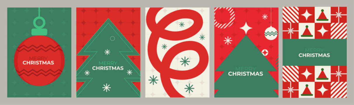 Christmas holiday card templates set. Vector festive poster designs with baubles, pine tree, ribbon swirls, candy canes and checkered patterns in red and green for seasonal flyer design.