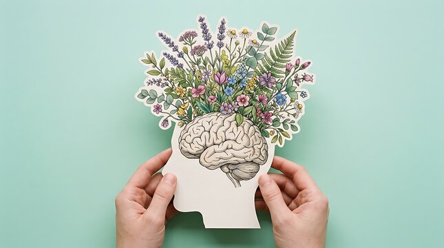Hands holding a paper cutout of a human head with flowers growing from a brain