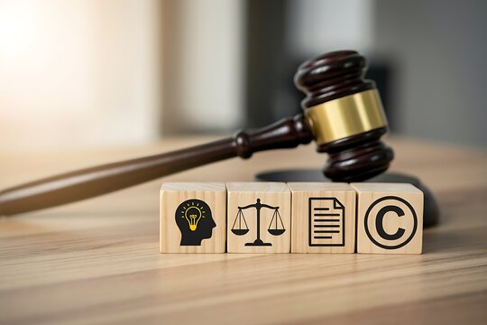 Wooden gavel resting near four blocks showing symbols for ideas law documents and copyright