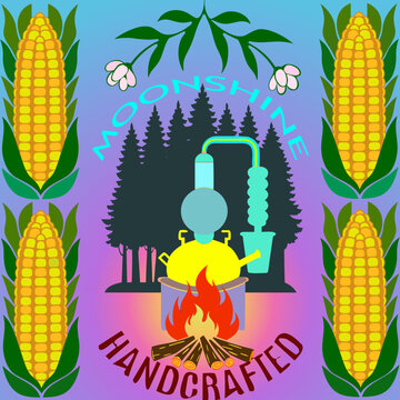 vector, vector graphics, moonshine, corn, berries, maize, label, sticker, blueberry, oak, wormwood, mint, wild berry, rowan, juniper, alcoholic beverages, bourbon, spirits, alcoholic products