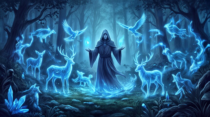 Naklejka premium Wizard summoning spectral forest animals in dark woodland. Hooded figure performing magic ritual with glowing blue spirits of deer and birds in fantasy setting.