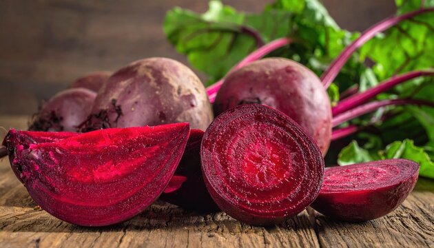 Whole and sliced young beets with green leaves, closeup