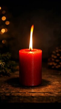 Red candle with a warm flickering flame on a rustic wooden table surrounded by pine cones and festive bokeh lights for holiday ambiance