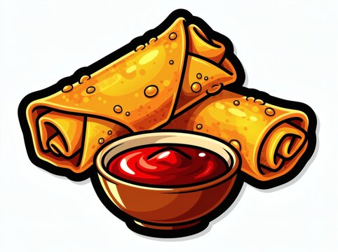 Spring rolls sit next to a small bowl filled with spicy red dipping sauce on a clean white background surface.