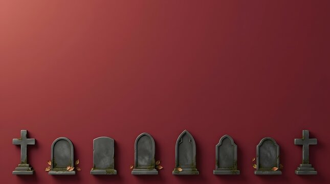 Miniature decorative tombstones arranged in a row on a dark red background