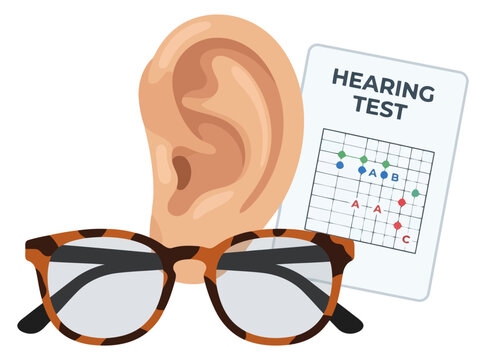 Human ear with hearing test chart and eyeglasses for audiology and vision checkup concept