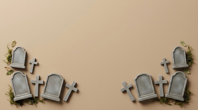 Miniature halloween tombstones and crosses arranged as a border on a beige background
