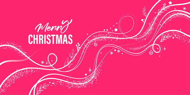 Bright pink christmas greeting background. festive swirl lines and sparkles. merry christmas typography design. seasonal holiday vector banner with christmas background greeting typography