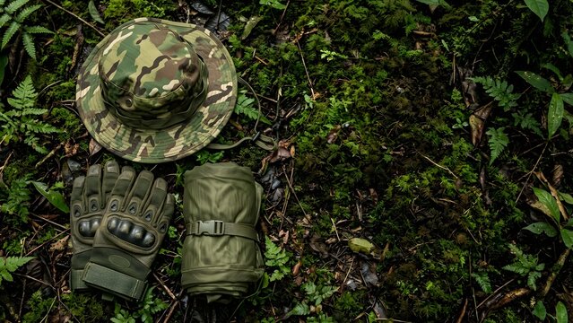 Hunting and tactical gear laid out on mossy forest floor concept