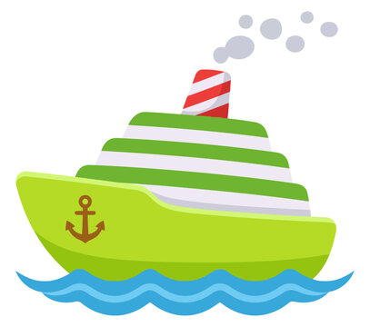 Cartoon cruise ship sailing on blue waves with a striped smokestack and anchor icon