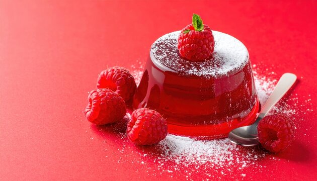 Red berry jelly dessert with raspberries and gelatin powder on vibrant red background