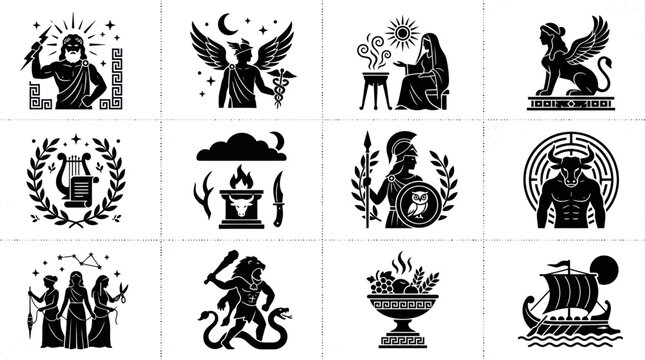 Collection of Greek Mythology Icons and Symbols.