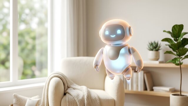 Cute hovering robot with glowing lights and a friendly expression in a modern living room