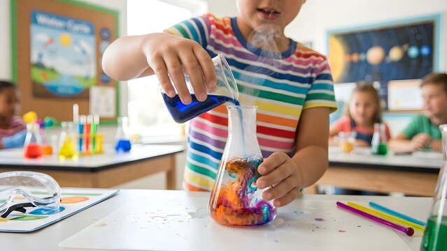 Elementary school student performing a colorful science experiment in a classroom, observing chemical reaction