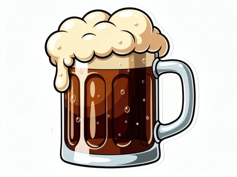 Beer mug filled with dark foamy beer and overflowing thick white head against a white background.