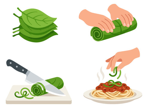 Steps for chiffonade cutting technique