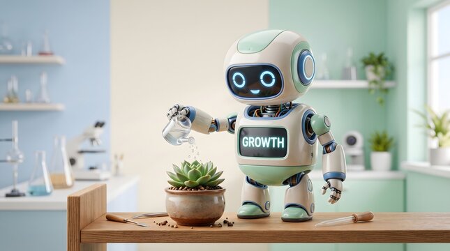 Cute humanoid robot watering small potted succulent plant in bright