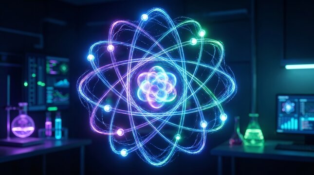 Glowing 3D atom model with orbiting electrons in a futuristic science laboratory setting