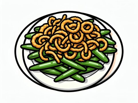 Green bean casserole topped with crispy fried onions is illustrated in a colorful cartoon art style.