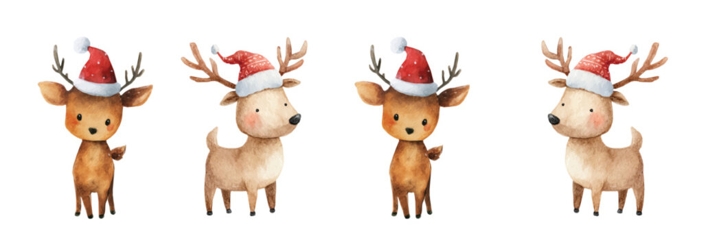 Design of a cute reindeer with Christmas set painting. Hand-painted style, vectorized, vector set available in EPS. Simple Hand-painted watercolor style. Hand-painted watercolor style, vectorized