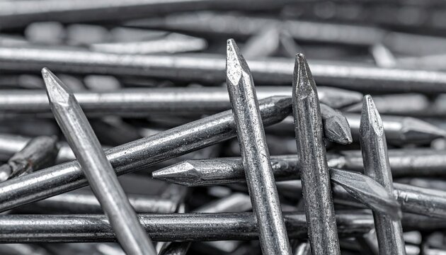 Close-up macro view of multiple galvanized metal nails, sharp metallic details, industrial hardware texture