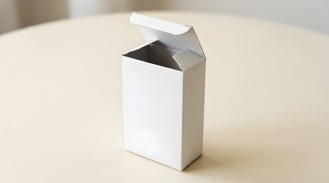 Small white blank cardboard milk carton mockup standing on a light beige table background for branding design