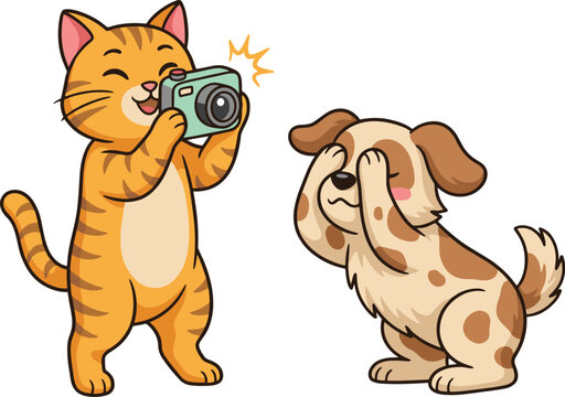 Cartoon illustration of a cute cat taking a photo of a shy dog covering its face