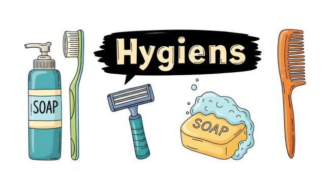 Cartoon hygiene items illustration with speech bubble