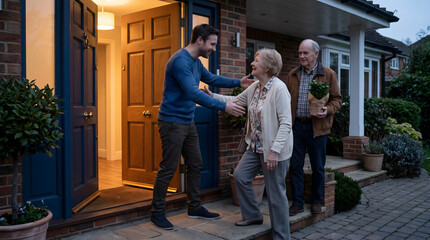 Fototapeta premium Man welcoming elderly couple with warm hug at front door