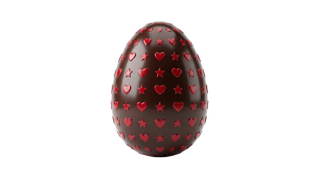 Glossy chocolate easter egg decorated with vibrant red heart and star patterns against white background