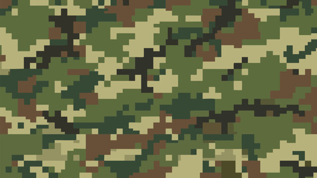 Digital Camouflage Pattern with Pixelated Green Brown and Beige Blocks