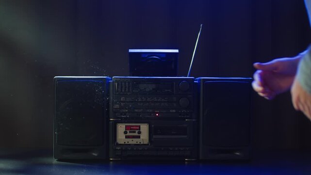 Boombox vintage CD player close up macro retro stereo cassette radio music audio device detail